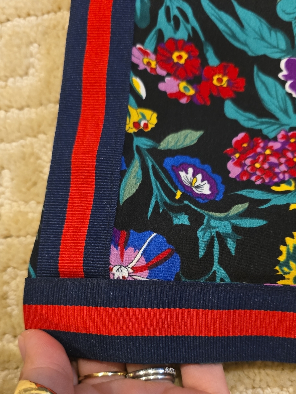 Johanna Paris Black Floral Print Pants with Navy And Red Side Stripe, Size M - Picture 7 of 8